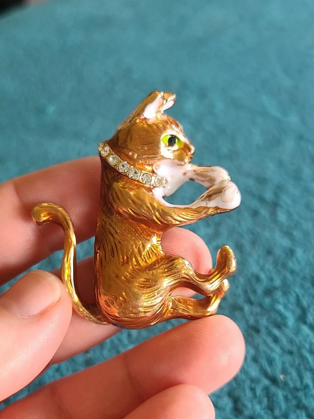 Vintage Gold-Tone Cat Brooch with Green Eye and White Accents - Vintage